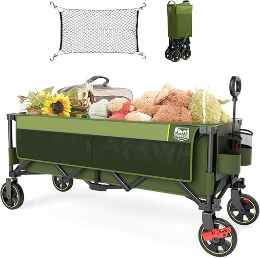 TIMBER RIDGE 51.2'' Extended Collapsible Wagon Cart with Brakes and Cargo Net, 350LBS Heavy Duty Foldable Utility Wagon with Adjustable Handle, 400L Capacity Portable Cart for Camping Sports Shopping