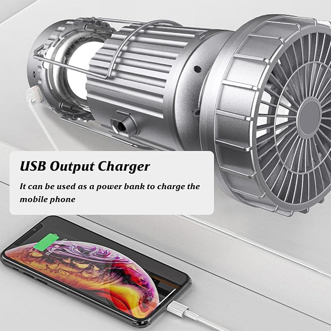 Solar Camping Lantern with Fan,Rechargeable Camping Fans Charging for Phone, Battery Operated Light for Hurricane Power Outage Tent Emergency Camping Gear Must Haves