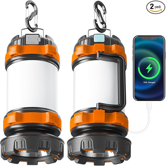 Camping Lantern Rechargeable , Alpswolf Camping Flashlight 4000 Capacity Power Bank,6 Modes, IPX4 Waterproof, Led Lantern Camping, Hiking, Outdoor Recreations Orange 2 Pack