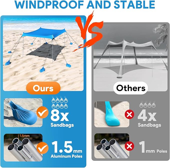 Beach Tent Sun Shelter, 10 x 10 FT Beach Canopy Tent Sun Shade Heavy Duty, UPF50+ Beach Tent Canopy with 8 Sandbags & 4 Stability Poles, Outdoor Beach Tent for Beach Camping Fishing, Sky Blue