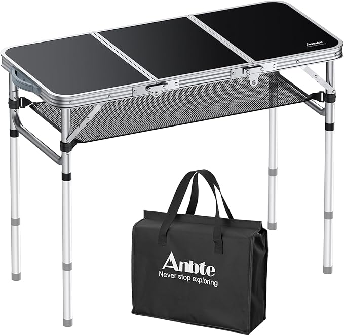 Folding Camping Table with Storage Net, 3ft Camping Table Aluminum Folding Table with 3 Adjustable Height Max 27.1 Inch Picnic Table Portable Table for Outdoor Backyard BBQ, Black