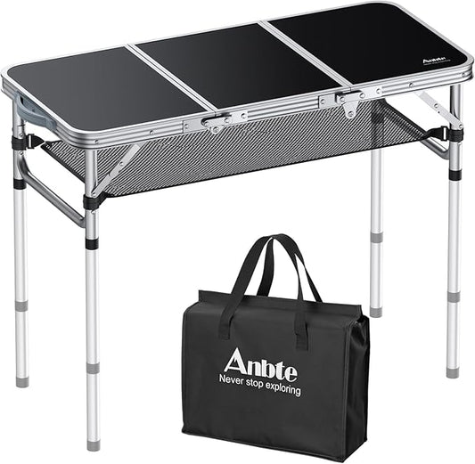 Folding Camping Table with Storage Net, 3ft Camping Table Aluminum Folding Table with 3 Adjustable Height Max 27.1 Inch Picnic Table Portable Table for Outdoor Backyard BBQ, Black