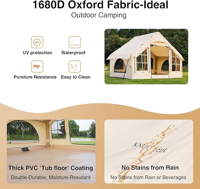 2025 Upgraded 100% Waterproof Inflatable Camping Tent, Large Blow-Up Air Tent, No Assembly Needed Luxury Glamping House, Oxford Fabric