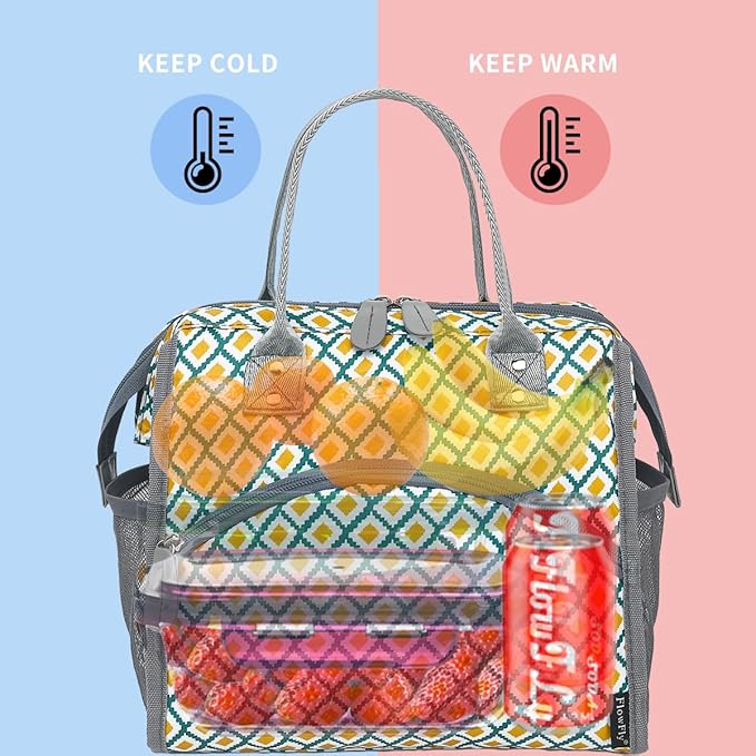 FlowFly Insulated Lunch Bag for Women, Men, Large and Reusable, Handle, Work and Travel Tote and Meal Prep Organizer, Square