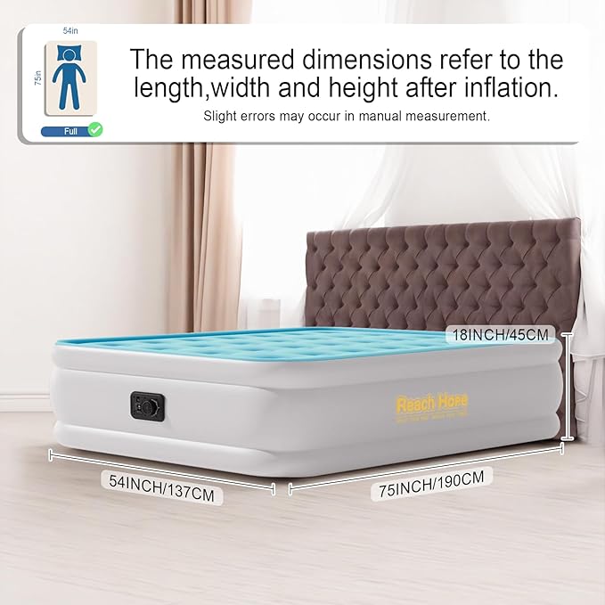 Air Mattress Full with Built in Pump, Plug-in Electric Pump Colchon Inflatable Air Bed, Blow Up Portable Mattress with Bag, Double Air Mattress for Rental Home, Camping and Guests.(18" Full, Blue)