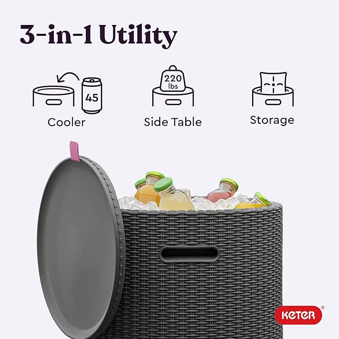 Keter Cool Side Table Cooler 3 in 1 Outdoor Patio Table and Ice Chest Storage, Ideal Hot Tub Table, Decor and Outdoor Patio Bar, Portable Bar, Graphite