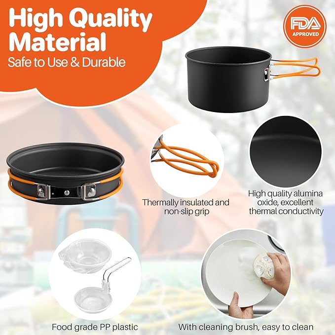 FUNYKICH Camping Pots and Pans Set, Non-Stick Camping Cooking Set, Lightweight Camping Cookware with Storage Bag for Camping, Backpacking, Outdoor Cooking & Picnic