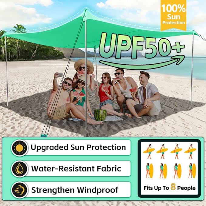 Beach Shade Tent, Portable Easy Pop Up Beach Canopy, UPF50+ Sun Protection Shelter, Windproof & Water Resistant, Perfect for Family