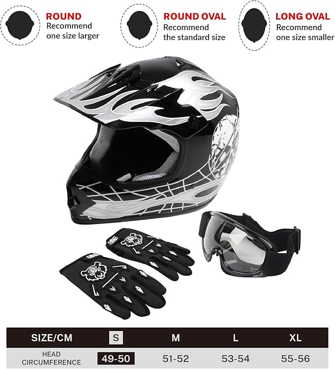 TCT-MOTORPARTS DOT Youth Kids Motocross ATV Helmets Four Wheeler Offroad Street Dirt Bike Go-Kart BMX MX Full Face Helmet Black Skull Samll Size