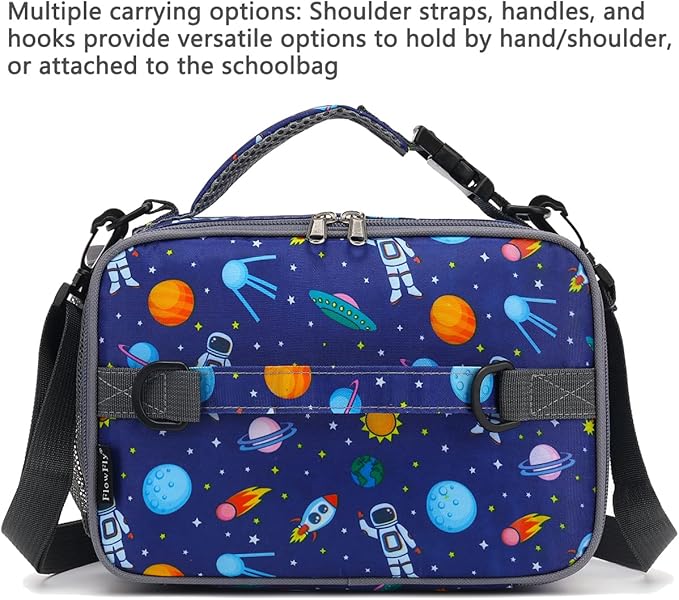 FlowFly Kids Lunch Bag, Durable Insulated School Lunch Box with Shoulder Strap and Bottle Holder, Water-resistant Thermal Small Lunch Cooler Tote for Teen Boys & Girls,Astronaut
