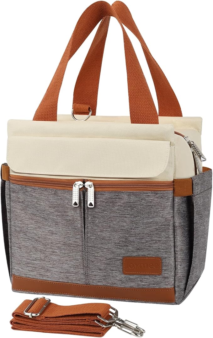 Joymee Lunch Box for Men Insulated Lunch Bag Women with Shoulder Strap Reusable Leakproof Large Spacious Lunch Cooler Tote for Women Adult with Bottle Holder and Side Pockets for Work - Brown