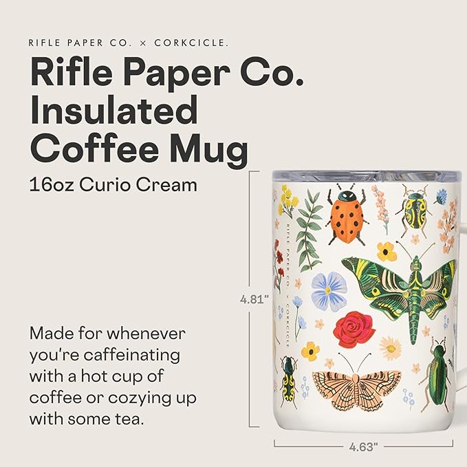 Corkcicle x Rifle Paper Co. Triple Insulated Coffee Mug with Lid & Handle - Keeps Beverages Hot for 3+ Hours - Gift for Mom - Great for Mother's Day or Christmas - 16 oz - Curio Cream