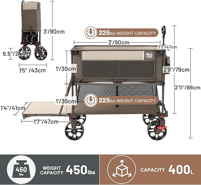TIMBER RIDGE 400L Large Capacity Folding Double Decker Wagon with Brakes, 54" Extra Long Extender Wagon Cart, 450lbs Heavy Duty Collapsible Cart, All-Terrain Big Wheels for Camping, Sports, Shopping