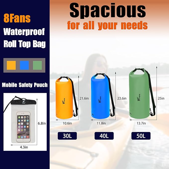 8 Fans Dry Bag Backpack Waterproof,40L Roll Top Bag with Phone Case, Perfect for Floating,Travel,Swimming,Boating,Kayaking,Camping,and Beach Activities(No Valves, Blue)