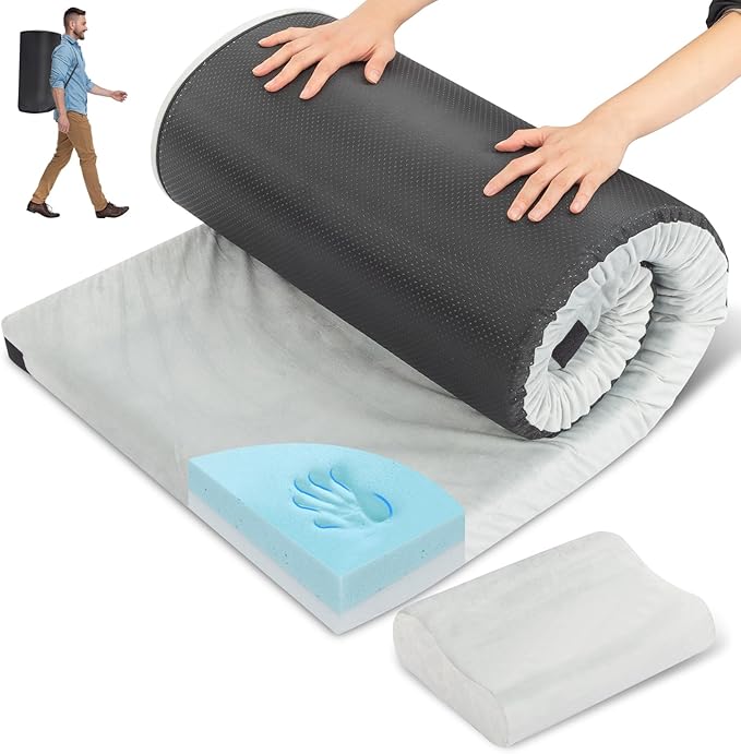 Outvita Sleeping Pad, Portable Camping Mat, CertiPUR-US Memory Foam Camping Mattress, Roll Up Floor Bed for Tent, Cot, Truck, Car, Outdoor Travel w/Portable Bag (3" with Pillow / 2.5" Without Pillow)
