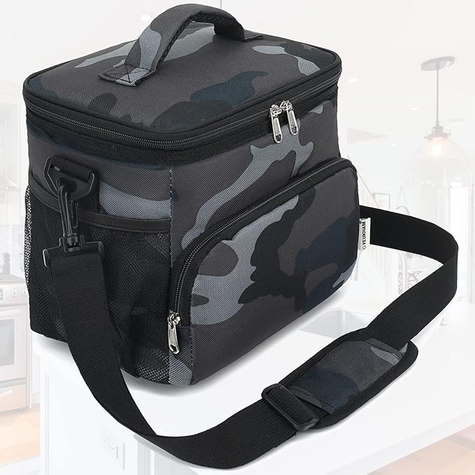 Insulated Reusable Lunch Bag Adult Large Lunch Box for Women and Men with Adjustable Shoulder Strap,Front Zipper Pocket and Dual Large Mesh Side Pockets,Black Camo