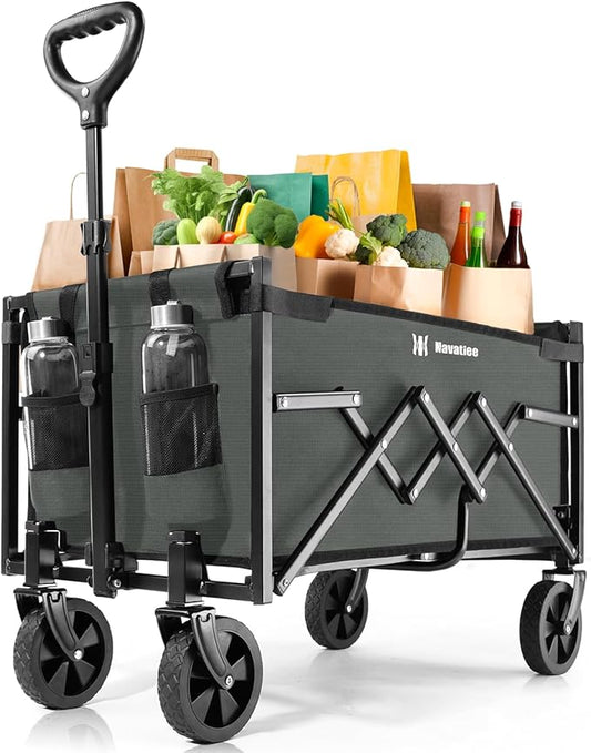 Navatiee Portable Foldable Collapsible Wagon with Wheels, 220lbs Weight Capacity Utility Grocery Shopping Cart, Lightweight Mini Folding Wagon for Outdoor, Grey