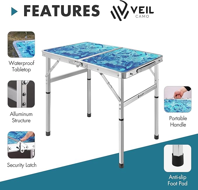 VILLEY Folding Camping Table 2FT, Portable Small Picnic Table with Adjustable Height, Lightweight Aluminum Foldable Table with Carry Handle for Outdoor Indoor BBQ Hiking Beach