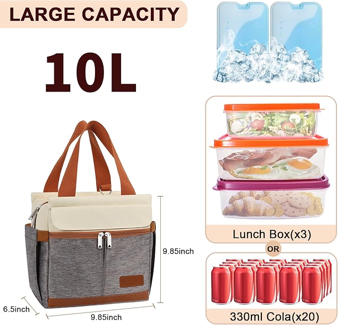 Joymee Lunch Box for Men Insulated Lunch Bag Women with Shoulder Strap Reusable Leakproof Large Spacious Lunch Cooler Tote for Women Adult with Bottle Holder and Side Pockets for Work - Brown