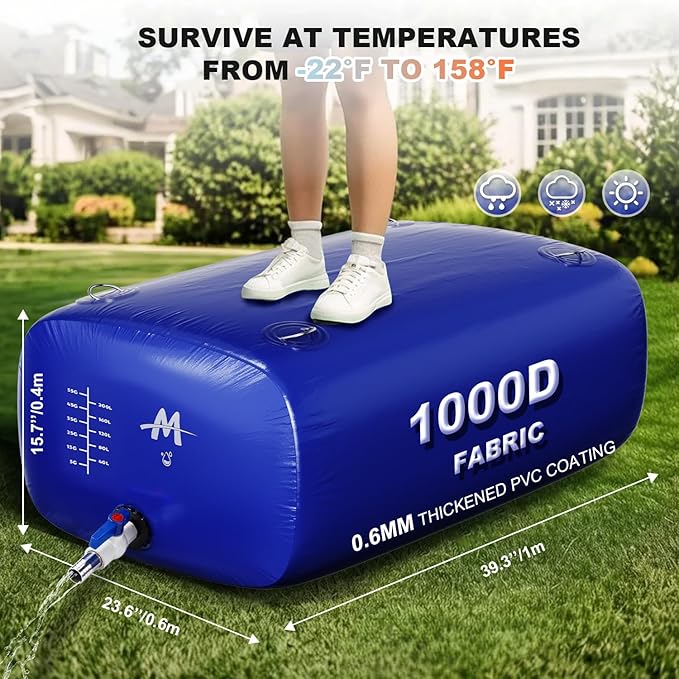 Moongiantgo 63.4G/240L Foldable Water Bladder-1000D PVC Portable Emergency Water Storage Container with Valve & Overflow Kit-Soft Storage Bag for Emergencies, RV, Camping, Irrigation