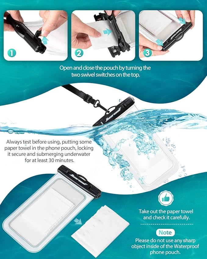 Hiearcool Universal Waterproof Phone Pouch,Underwater Dry Bag for iPhone 16 15 14 13 Pro Max XS Plus up to 8.3",IPX8 Cell Phone Case for Cruise Travel Essentials-Black&Clear-2Pack