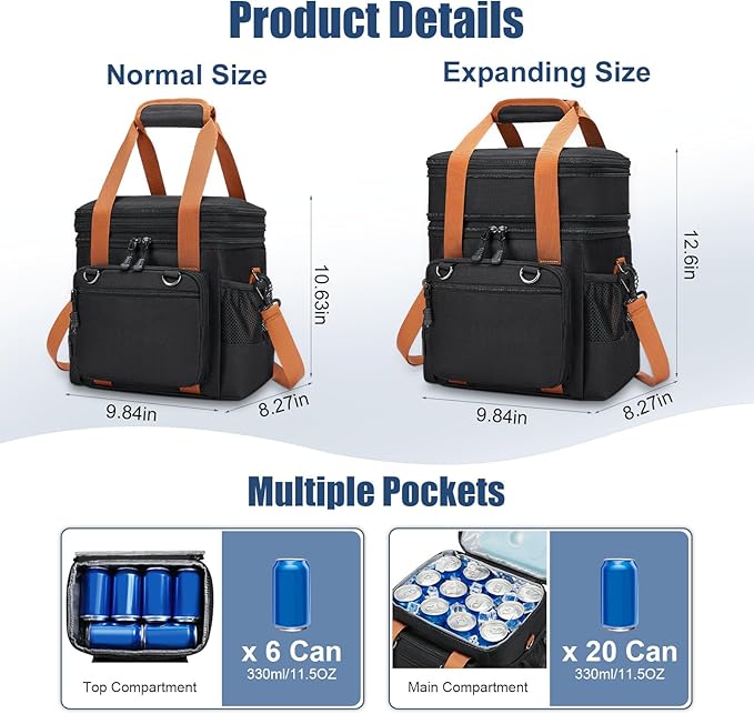 Insulated Lunch Box for Men/Women: Reusable Lunch Bag for Work Office Daytrip Picnic Beach - Leakproof Cooler Tote Bag Organizer for Adults - Black Brown