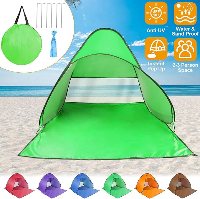 Pop Up Beach Tent for 2-3 Person, UPF50+ Anti-UV Sun Shelter w/Storage Bag, Portable Waterproof Instant Sun Shade Canopy for Outdoor Beach Camping Hiking Travel Family, Green