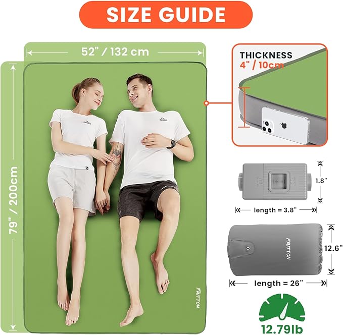 Self Inflating Sleeping Pad with Built-in Electric Pump, 4" Ultra Thick Memory Foam Double Camping Mattress, Fast Deflating Camping Sleeping Pad, 4 Season Insulated Sleeping Pad for Hiking, Tent, Car