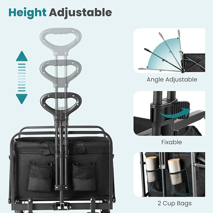 Sweetcrispy Collapsible Foldable Wagon Cart, Large Capacity Garden Beach Cart with All-Terrain Wheels, Heavy Duty Utility Grocery Wagon with Drink Holders for Shopping Sports Camping - 30IN Black