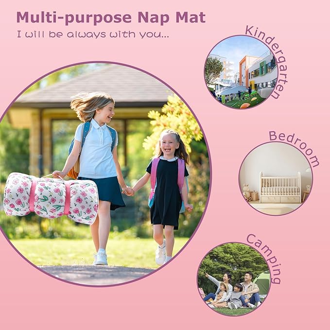 Toddlers Nap Mat with Removable Pillow and Soft Blanket, Lightweight Daycare Preschool Kindergarten Sleeping Bag, Travel Slumber for Kids Girls Boys
