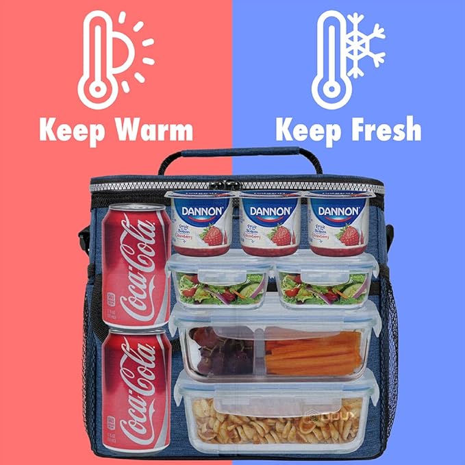 opux Insulated Lunch Bag for Men Women, Leakproof Heather Navy Lunch Box for Work, Portable Soft Lunch Cooler Bag with Shoulder Strap, Adult Lunchbox Lunch Pail for Kid Boy Girl School, 18 Can/10L
