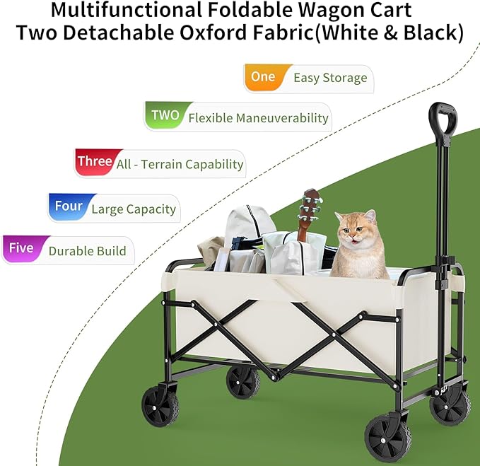 Collapsible Wagon Cart with 5" Removable 360° Swivel Wheels & Adjustable Handle, 220lbs Load Capacity, Dual Detachable Oxford Covers (White+Black)， MDF Base, All-Terrain Portable Utility Cart