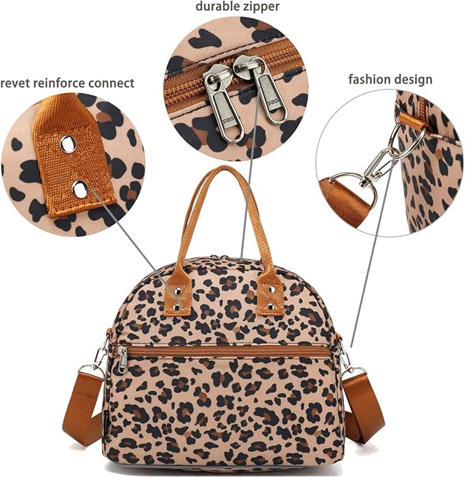 FlowFly Insulated Lunch Bag With Shoulder Strap for Women, Men, and Kids, Large and Reusable, Handle, Freezable Work and School Travel Tote and Meal Prep Organizer,Leapard