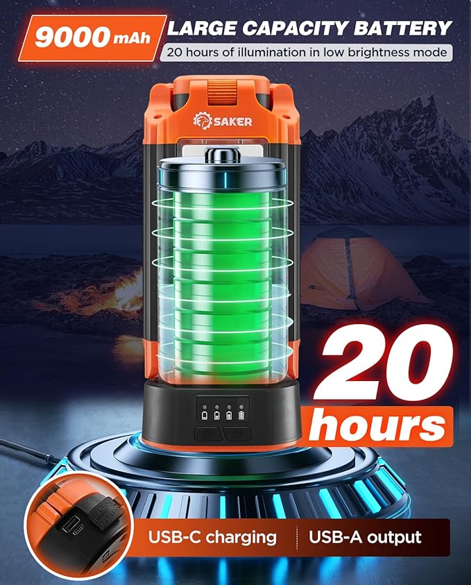 Saker Portable Camping Light with Stand 73.2" Rechargeable Work Light 800/3200 Lumen 4000/6500K Dimmable Camping Light for Outdoor Work, Power Outages, Fishing LD10 Orange