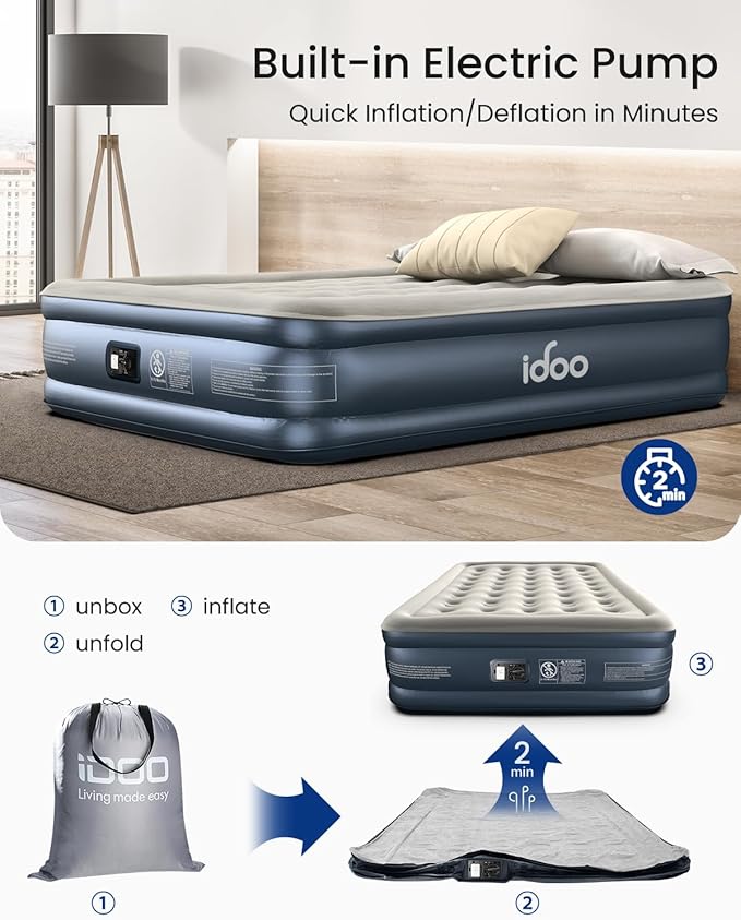iDOO Air Mattress Full with Built in Pump, 18" Raised Comfort Blow up Mattress, Inflatable Mattress for Guests & Home, Air Bed, colchon inflable, Upgraded Four Chamber Technical Airbed