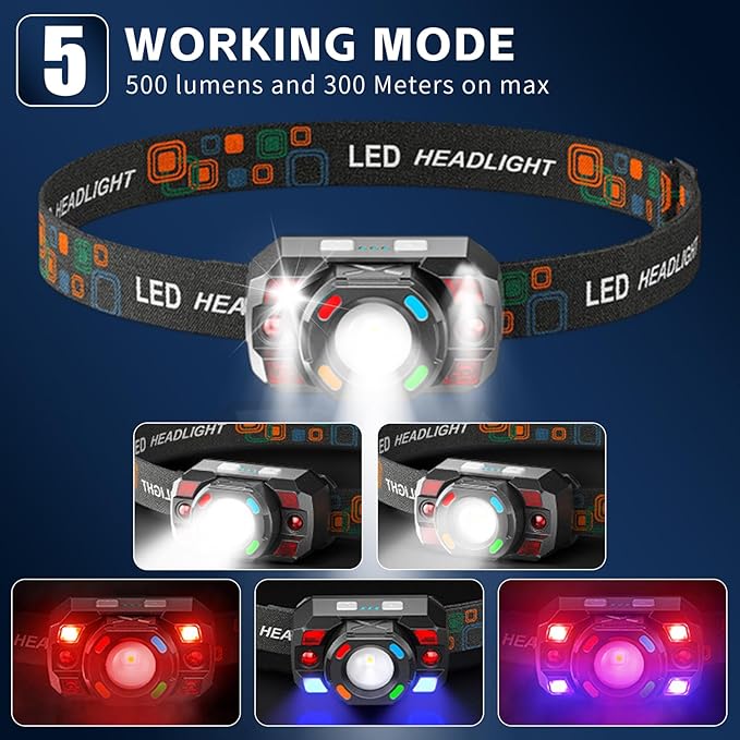 Headlamp Flashlight, 500 Lumen Ultra-Light Bright LED Rechargeable Headlight with White Red Bule Light,2-Pack Waterproof Motion Sensor Head Lamp,10 Modes for Outdoor Camping Running Hiking Fishing