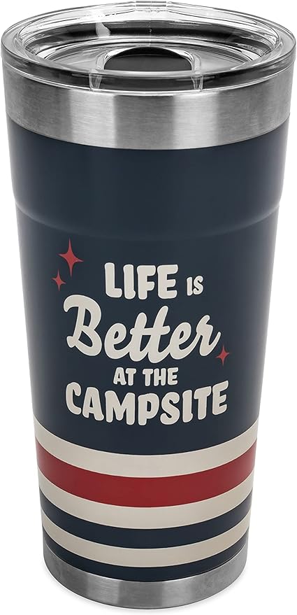 Camco Life is Better at The Campsite Wrapped Tumbler | Features Unique Life is Better at The Campsite Tan Text Design with Dark Blue Background, Red Stars and Tan/Red Stripes | 20 oz. (53326)