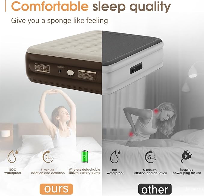 Queen Size Airbed with Detachable Rechargeable Pump - for Camping & Home Use, Portable Design, Supports up to 660 lbs MAX