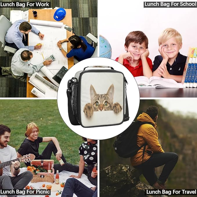 Funny Animal Cat Reusable Lunch Bag, Insulated, Spacious, Waterproof, Suitable for Boys and Girls, 10.5 x 3.5 x 9.5 inches