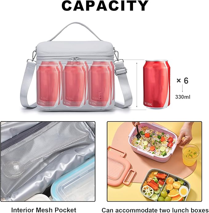 NOL Natural Organic Lifestyle Insulated Lunch Bags for Women Cooler Bag Lightweight Nylon Waterproof Lunch Box For Work (Small，Gray White)