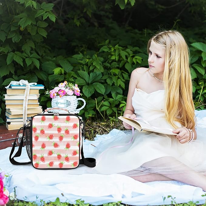 Fruit Strawberry Insulated Lunch Bag Girls,Kids Thermal Meal Cute Pink Stripe Reusable Lunch Box Children Waterproof Back to School Picnic