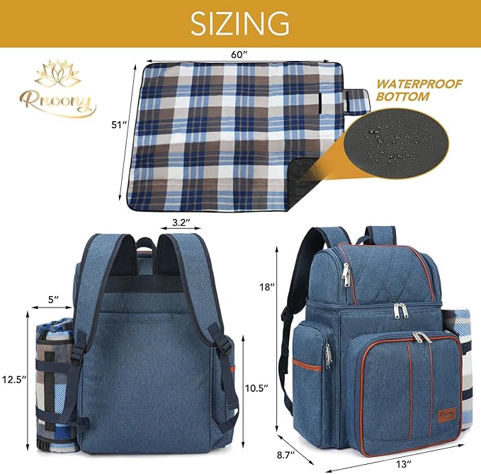 Rnoony Picnic Backpack for Camping, Picnic Basket for with Insulated Cooler Bag and Bottle Pouch,Camping Gifts for Couples with Lightweight Blanket and Cutlery Set for Family, Couple and Hiking