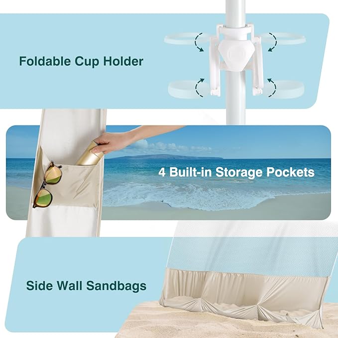 Rhino Valley Beach Cabana, 8 × 8FT Foldable Beach Tent with Cup Holder, Beach Canopy Easy Setup with UPF50+ Protection, Windproof Stable Beach Tent, Portable Beach Cabana Tent for Beach Camping