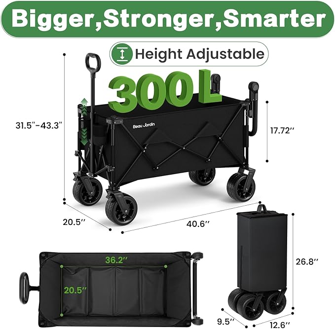 BEAU JARDIN Folding Push & Pull Beach Wagon 500 lbs Collapsible Foldable Wagons with Push Handle All Terrain Wheels Grocery Utility Camping Sports Garden Wagon Cart Black