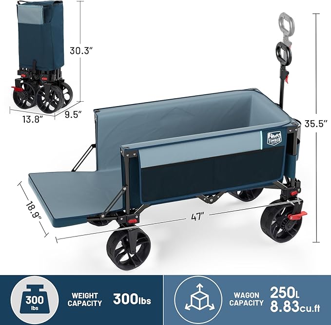 TIMBER RIDGE 47" L Collapsible Wagon with Tailgate & Brake, 300lbs Heavy Duty Beach Wagon with All-Terrain Big Wheels, 250L Foldable Utility Cart for Sand Camping Sports Shopping, Blue