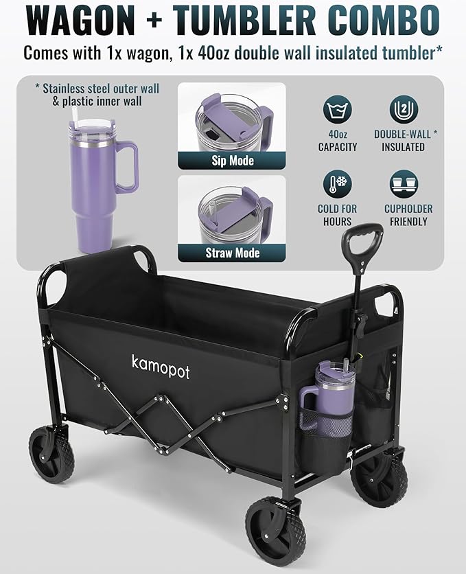 Large Collapsible Wagon Foldable for Grocery, Beach, Park, Yard, 34 x 18 Inch Inner Storage. 300lb Heavy Duty w/Cupholders & 1x 40oz Tumbler Included