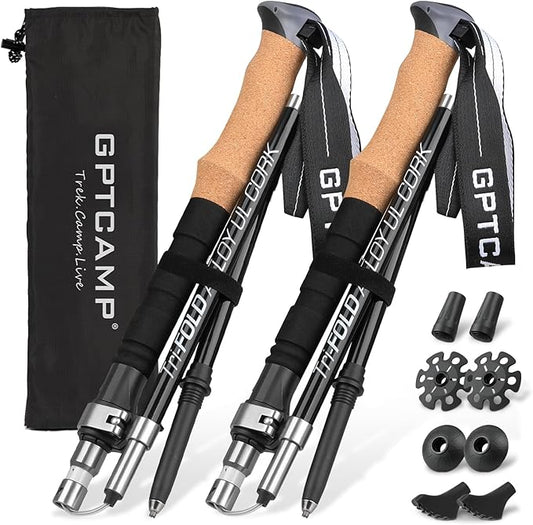 GPTCAMP Nordic Walking Stick, TPZ-1, 2pc Folding Collapsible Hiking Poles with Metal Quick Lock, Cork Handle, Lightweight 7075 Aluminum Trekking Poles for Seniors Women Men Hiking Gear
