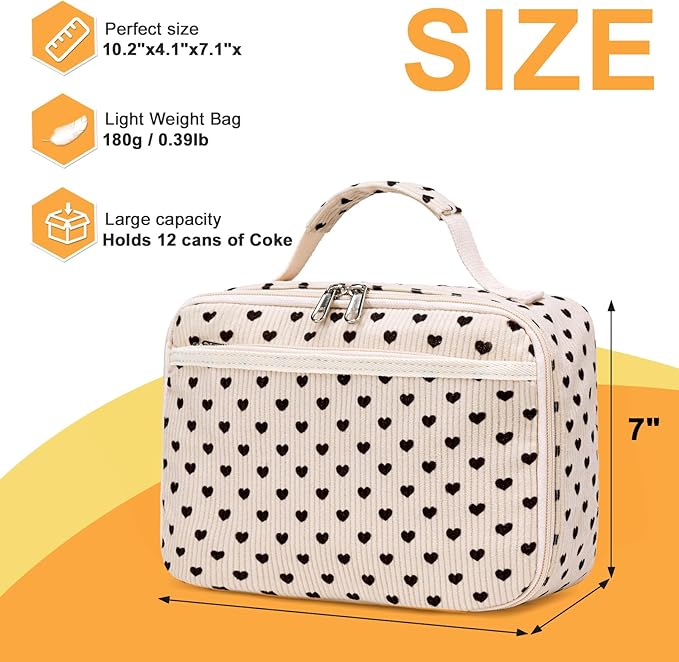 Kids Lunch Box Girls Corduroy Insulated Lunch Cooler Bag Reusable Lunch Tote Kit for School Travel(Heart)