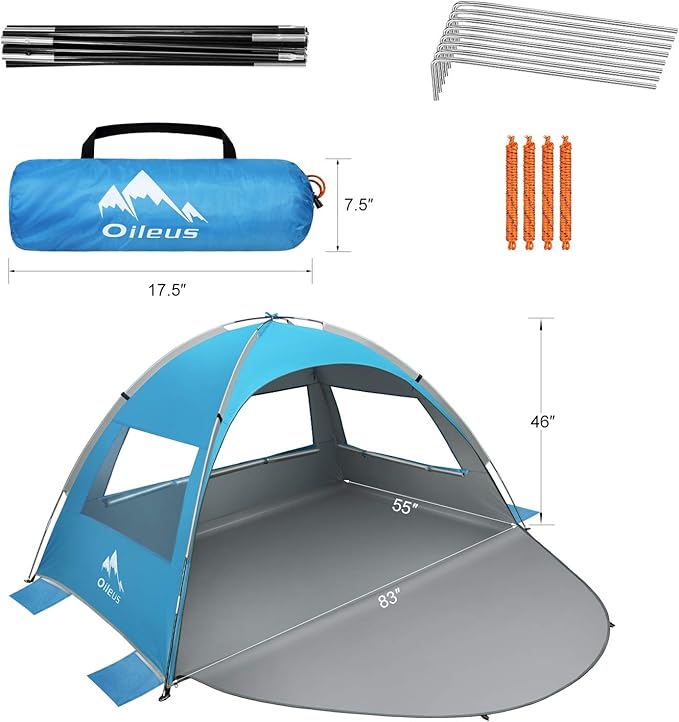 Oileus Beach Tent 2-3 Person Portable Sun Shade Shelter UV Protection, Extended Floor Ventilating Mesh Roll Up Windows Carrying Bag Stakes 6 Sand Pockets Fishing Hiking Camping,Blue