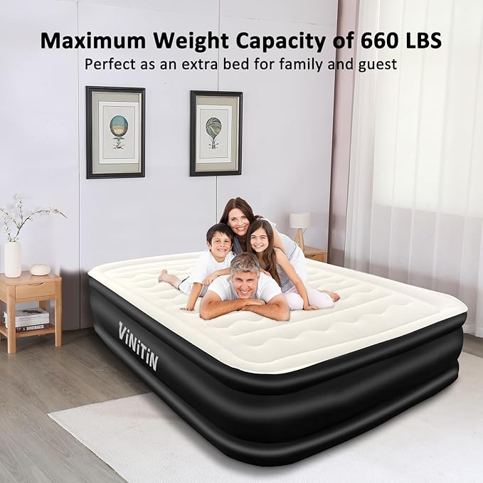 Air Mattress Queen with Built in Pump, 18" Elevated Inflatable Blow Up Mattress with Self-Inflation/Deflation, Soft Flocked Top Air Bed for Guest, Home,Camping, 80x60x18in, Max 660lb, Black